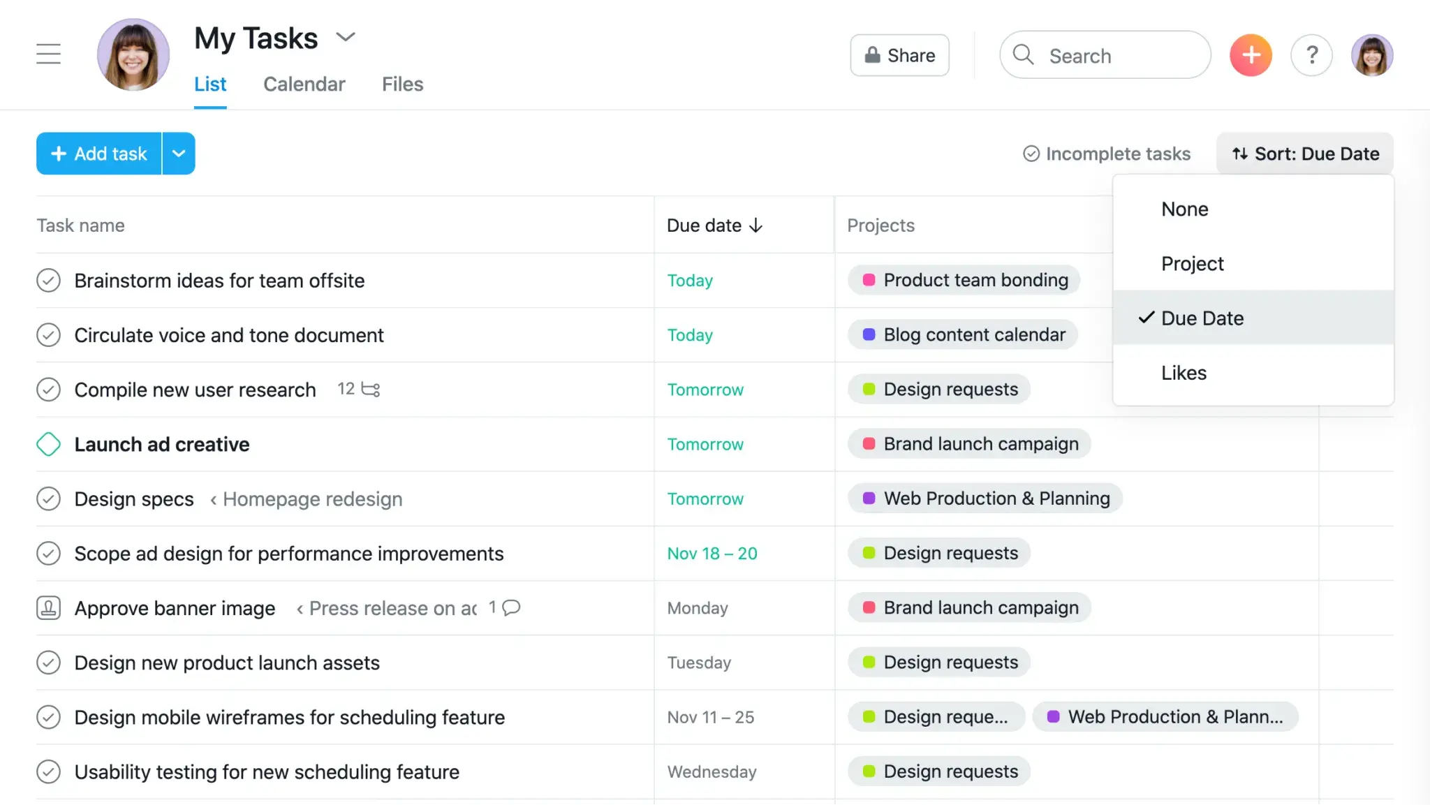 My tasks view in Asana