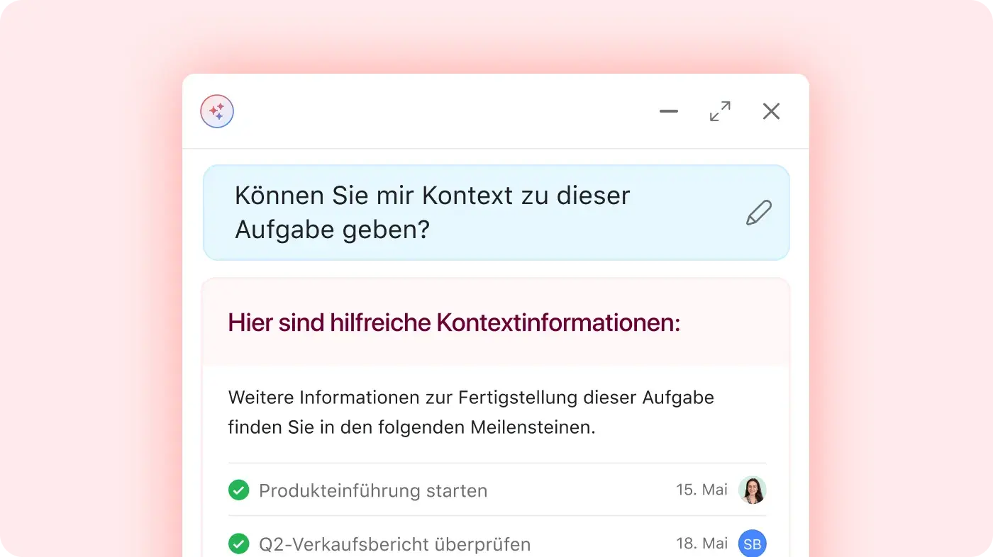 Die Produkt-UI zeigt, wie die Asana AI eine Antwort auf die Eingabeaufforderung „Ich bräuchte mehr Kontext für dieses Projekt“ gibt