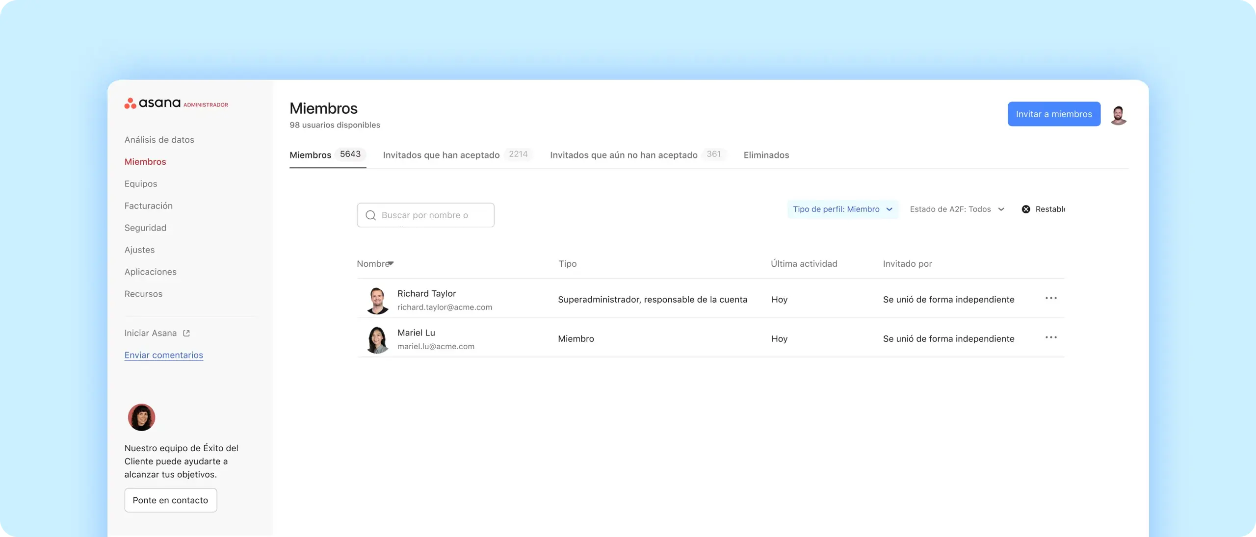 Admin console screenshot of members screen
