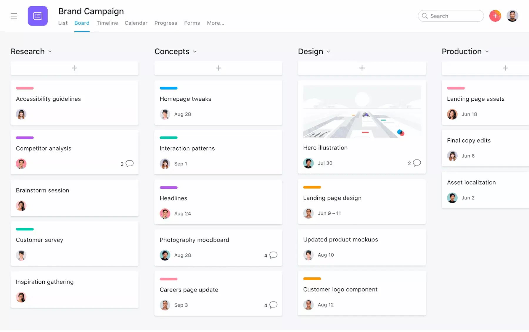 [Interface do produto] Campanha da marca usando o quadro Kanban na Asana (quadro)