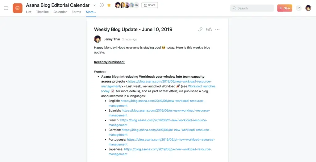 Product UI: Weekly blog update in Asana