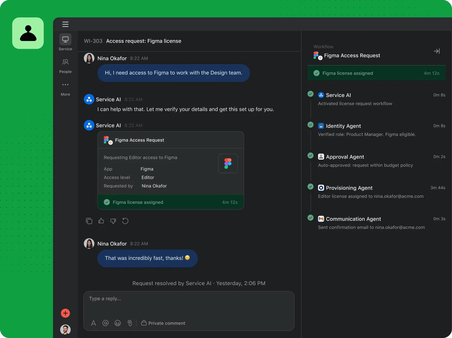 Service management dashboard with AI handling Figma license requests and IT ticket routing