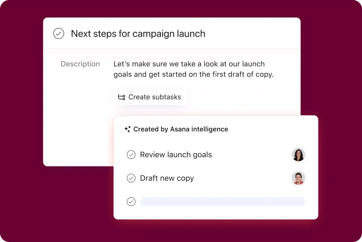 Asana product UI showing Asana Intelligence creating "Review launch goals" and "Draft new copy" subtasks based on the parent task description "Let's make sure we take a look at our launch goals and get started on the first draft of copy."