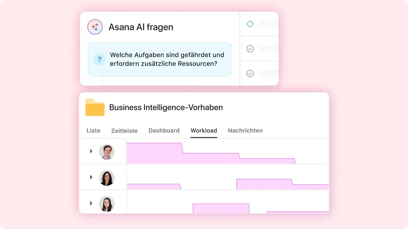 Bild von zwei Mitarbeitenden, die Asana Intelligence verwenden: Abstrakte Asana-Produkt-UI