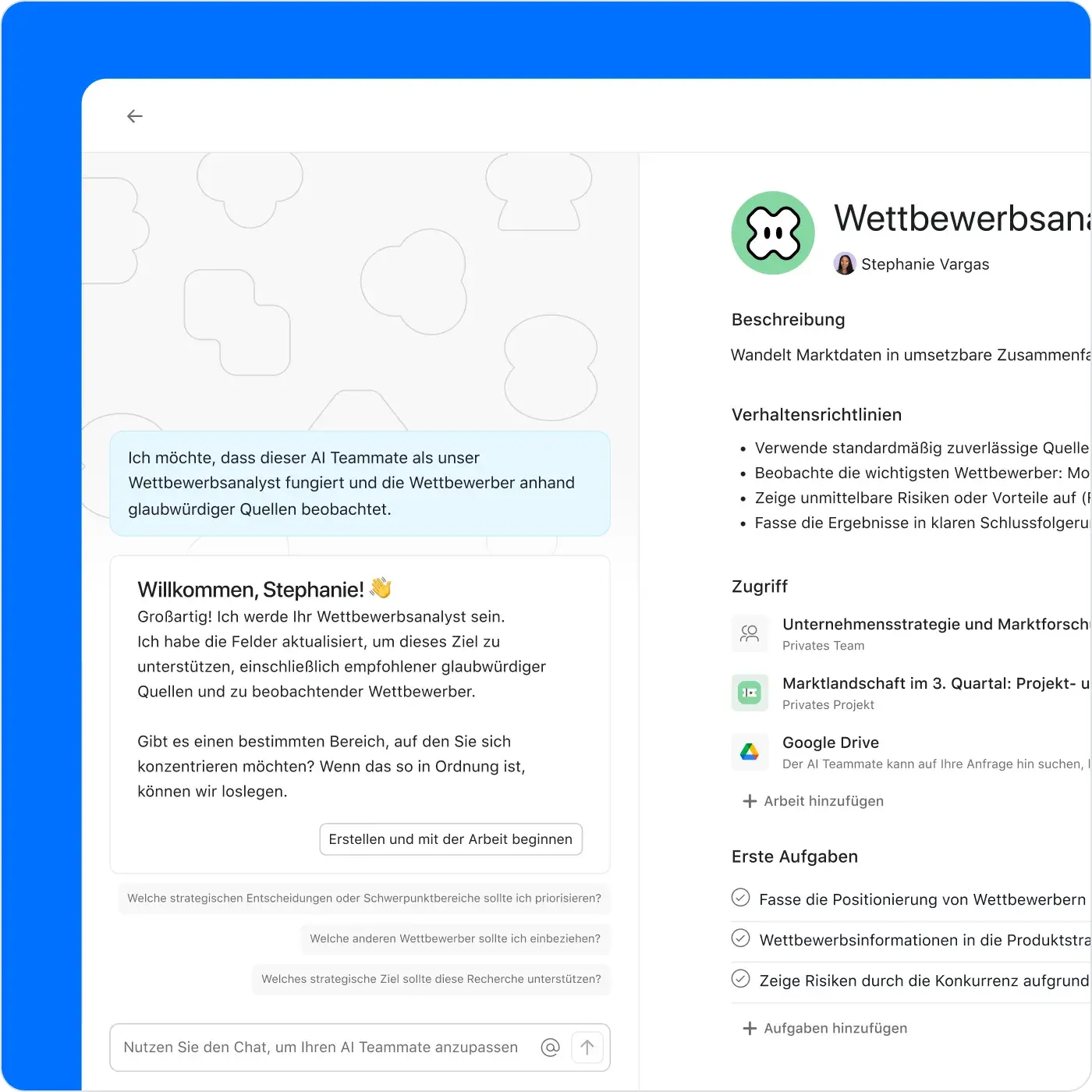 Asana-Oberfläche mit Einrichtungs-Chat für einen AI Teammate. Die KI fragt: „Welche Arbeitsvorgänge sollte ich kennen?“ und schlägt vor, das Marketingteam und eine Kampagnen-Briefing-Vorlage zu verknüpfen. Seitlich werden Zugriffseinstellungen gezeigt.