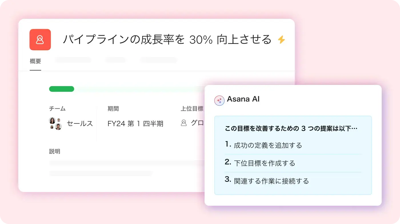 ユーザーが Asana で設定した目標を改善するための推奨事項を提供する Asana AI 製品 UI