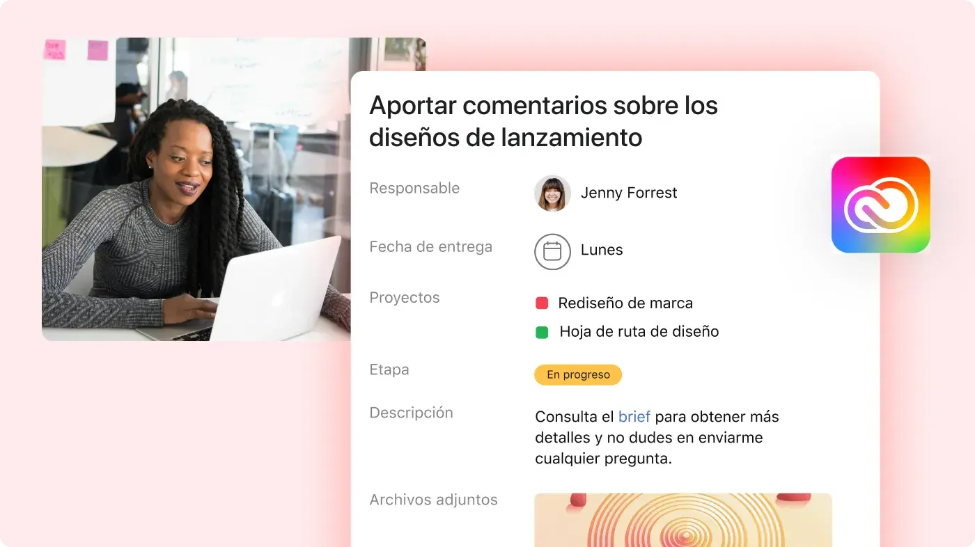 Interfaz de usuario de Asana de la tarea de revisión de trabajo creativo con la integración de Adobe Creative Cloud 