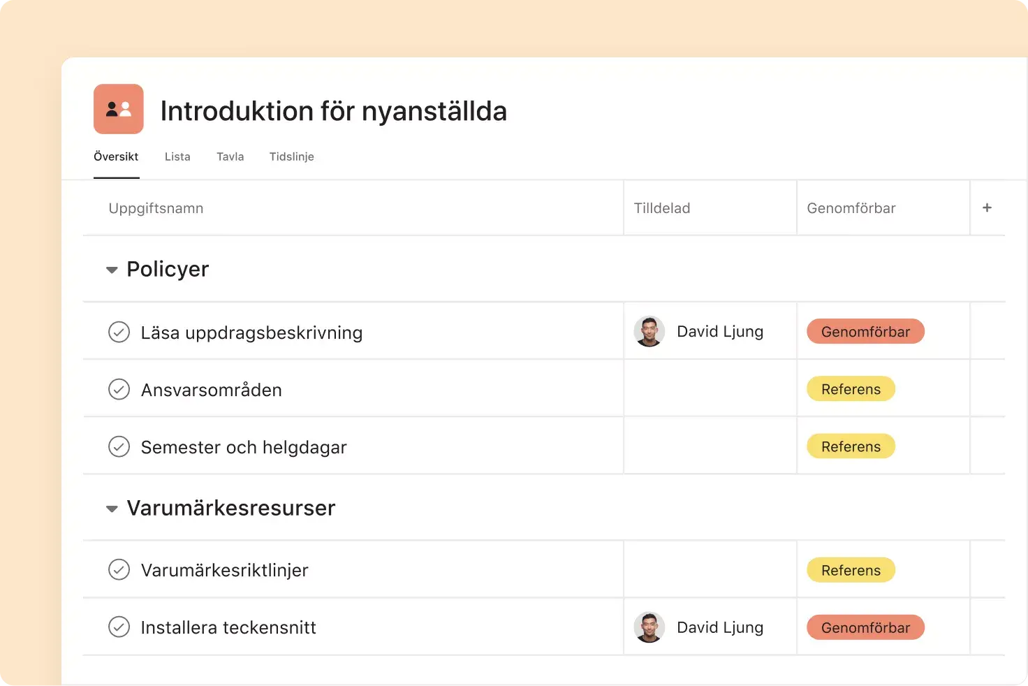 hantera introduktion för nyanställda i Asana