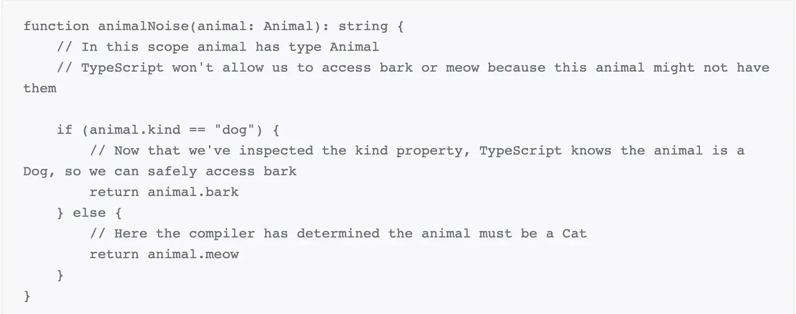function animalNoise(animal: Animal): string {