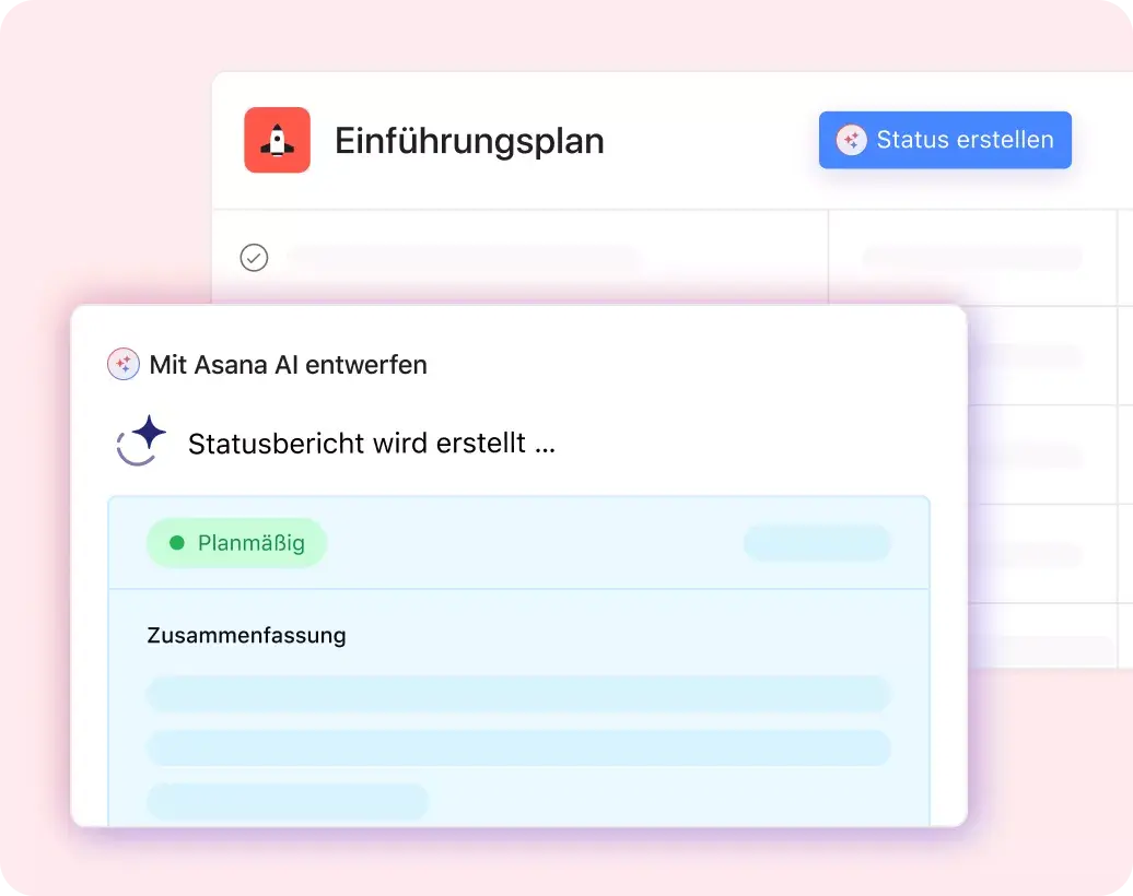 Die Produkt-UI zeigt, wie Asana AI einen Statusbericht für ein bestehendes Projekt erstellt