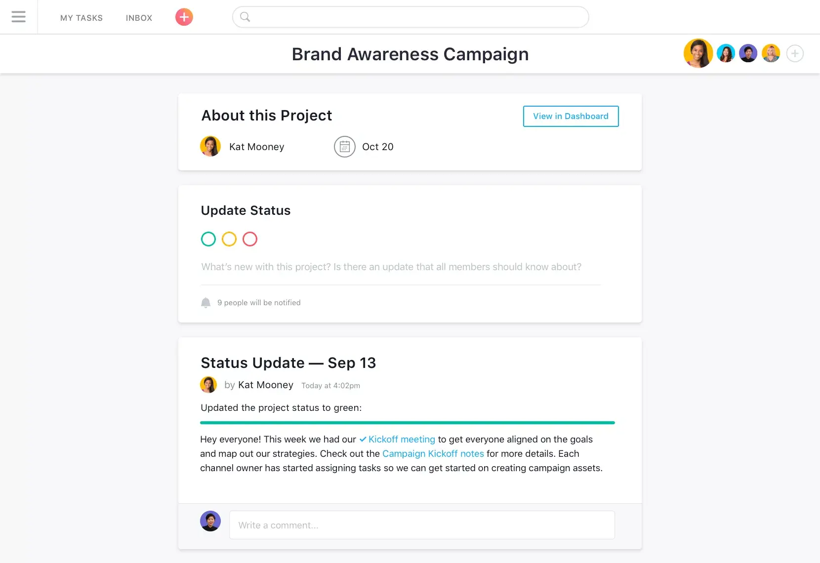 Interface de usuário do produto Asana: campanha de reconhecimento da marca