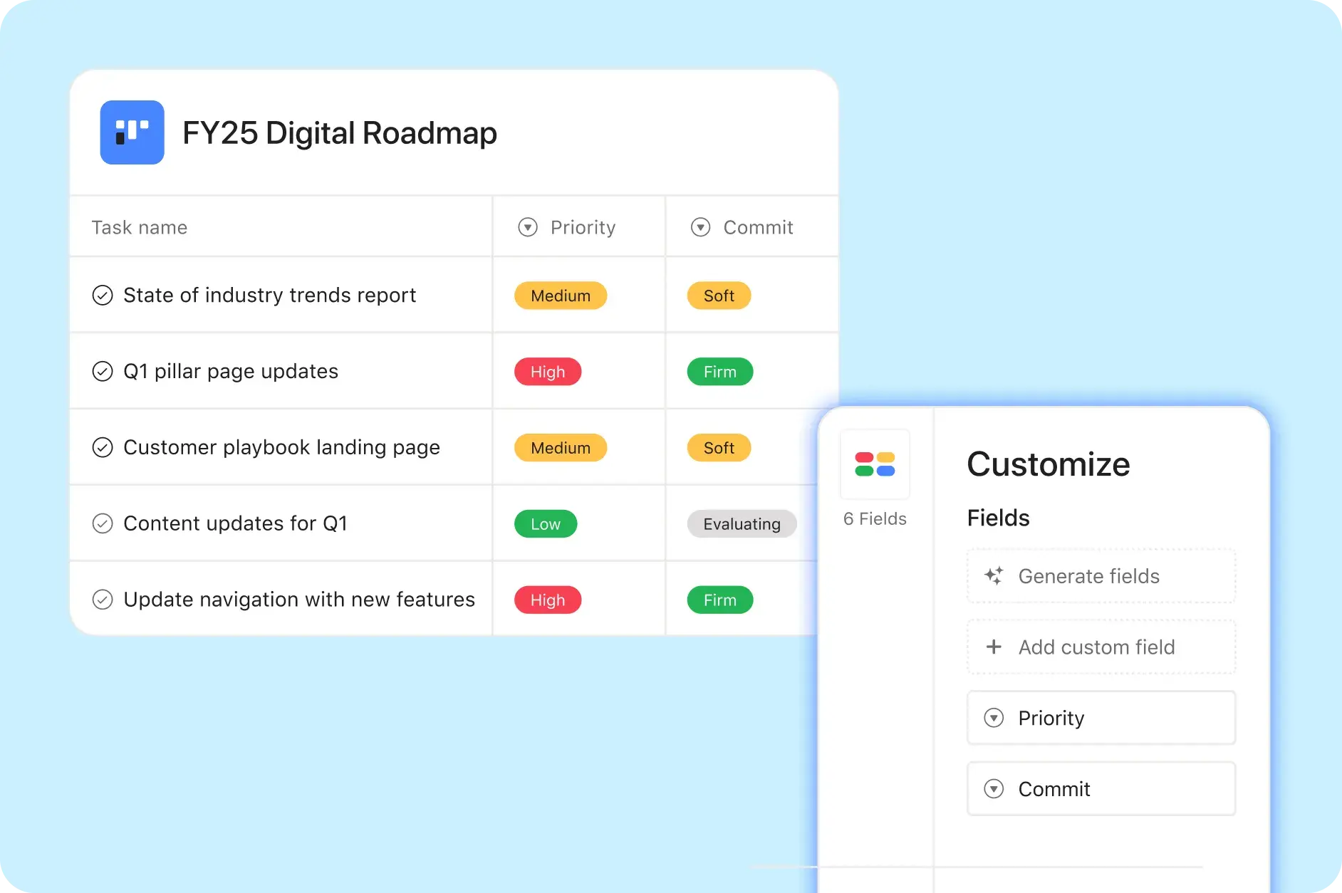 Image showing how teams can set up Asana's custom fields to plan their digital roadmap.