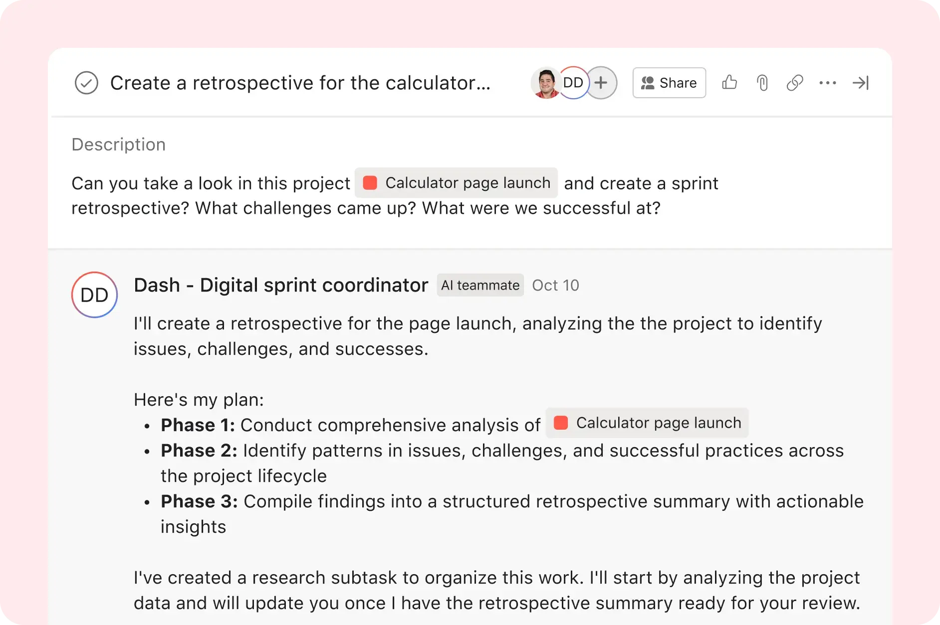 Asana product UI image showing a digital sprint coordinator AI Teammate sharing its plan for compiling a project retrospective