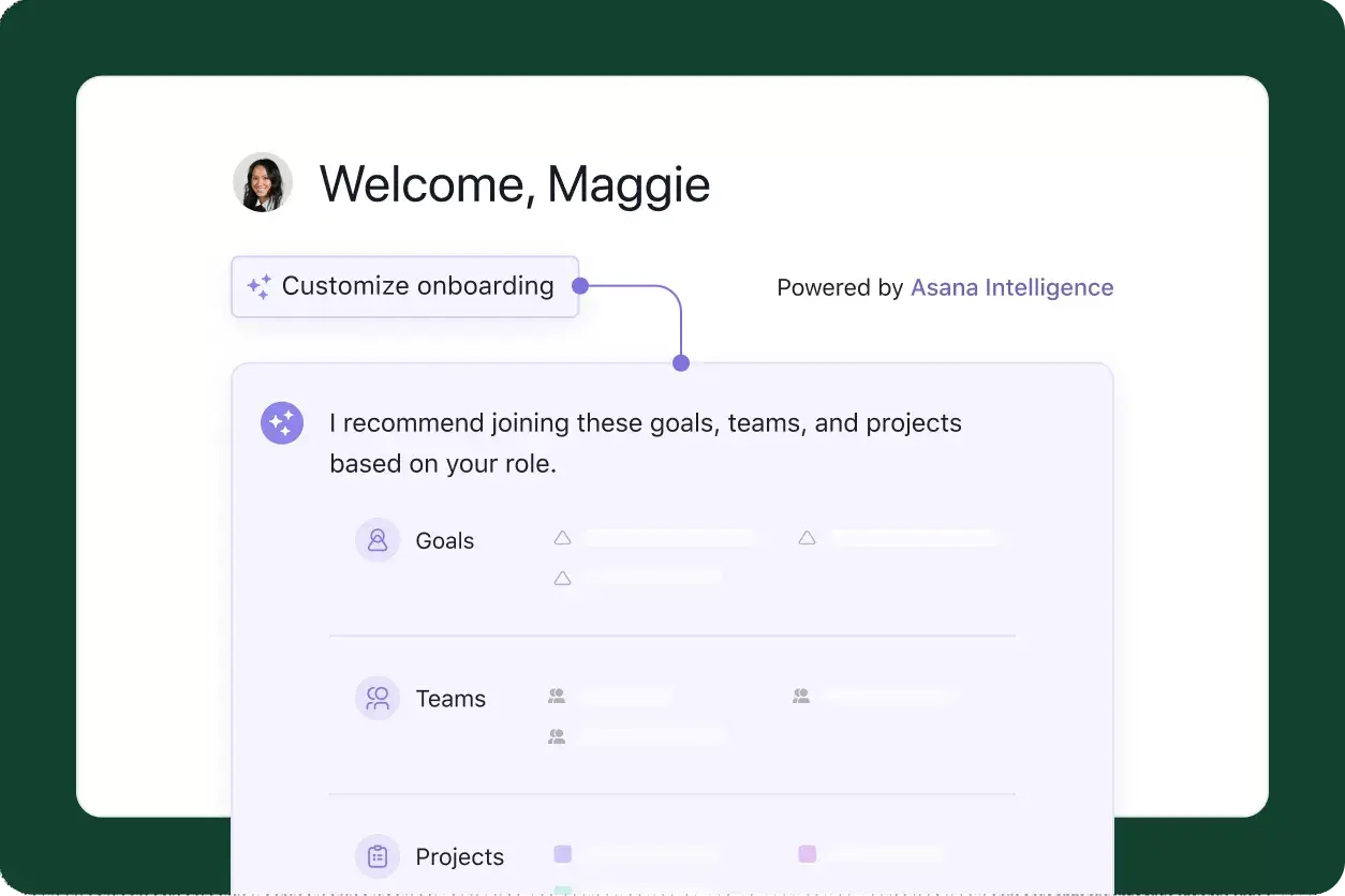 Afbeelding van product-UI in Asana voor onboarding van werknemers