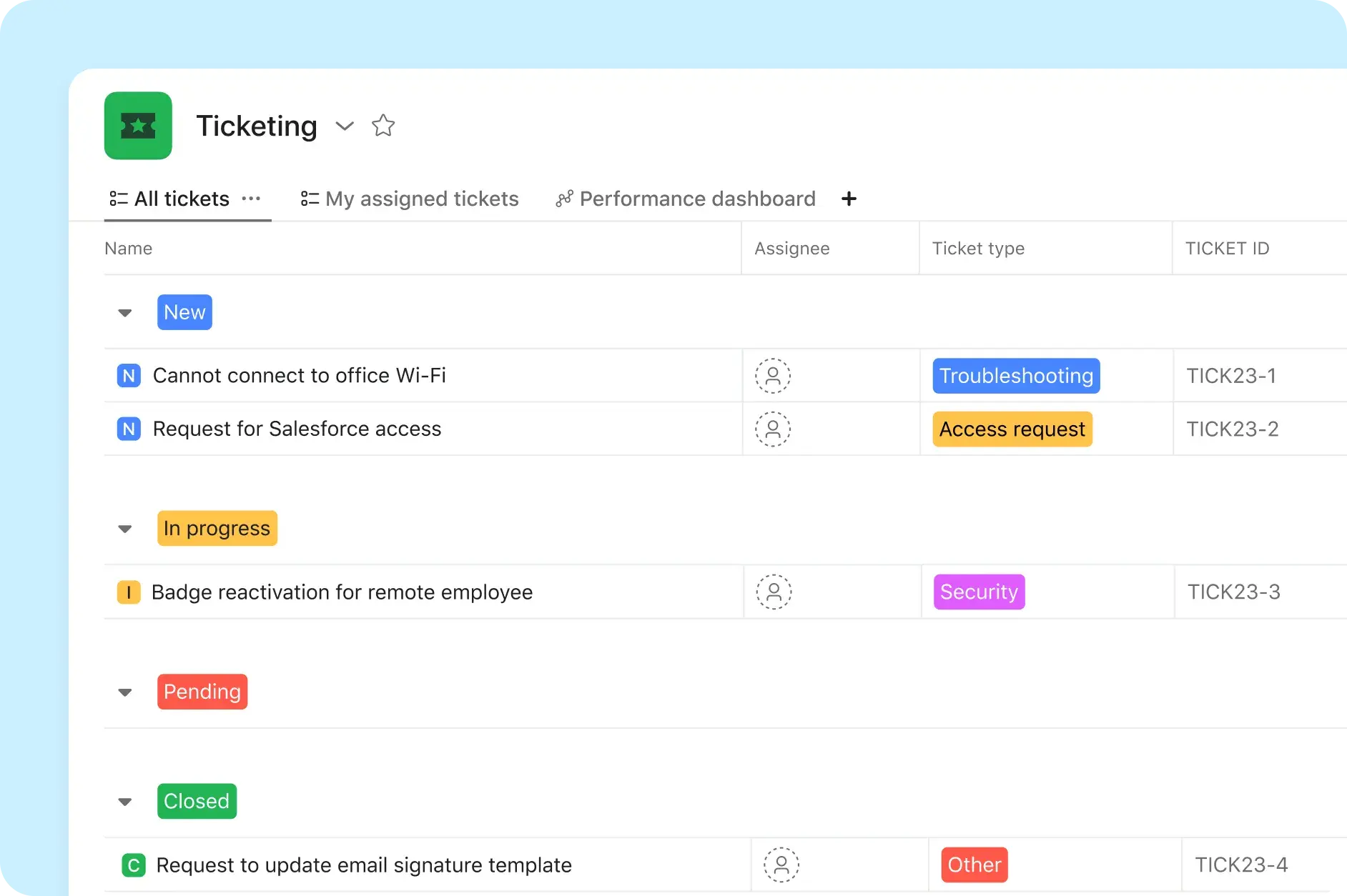 Asana product UI showing a ticketing project set up using the request tracking feature