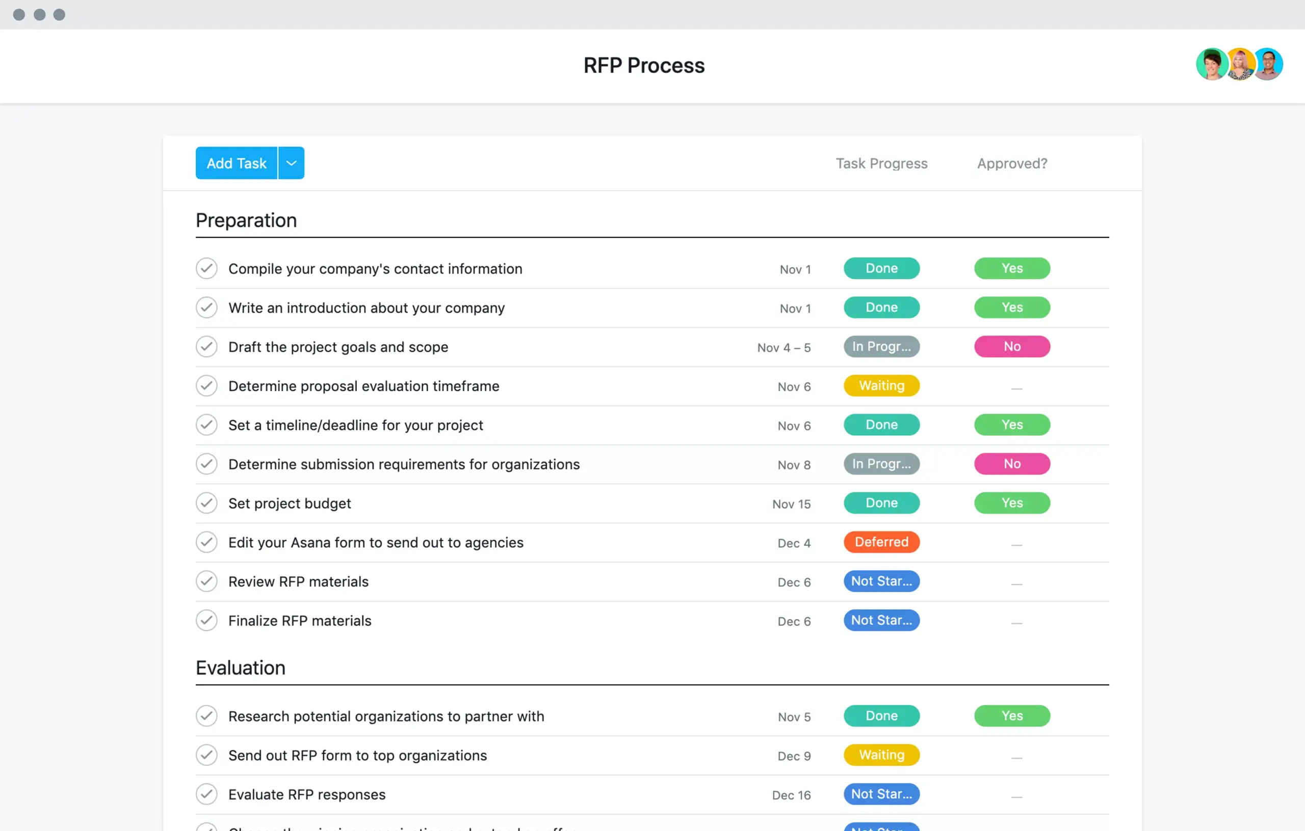 [Old product ui] Request for proposal RFP template in Asana, spreadsheet-style project view (List)