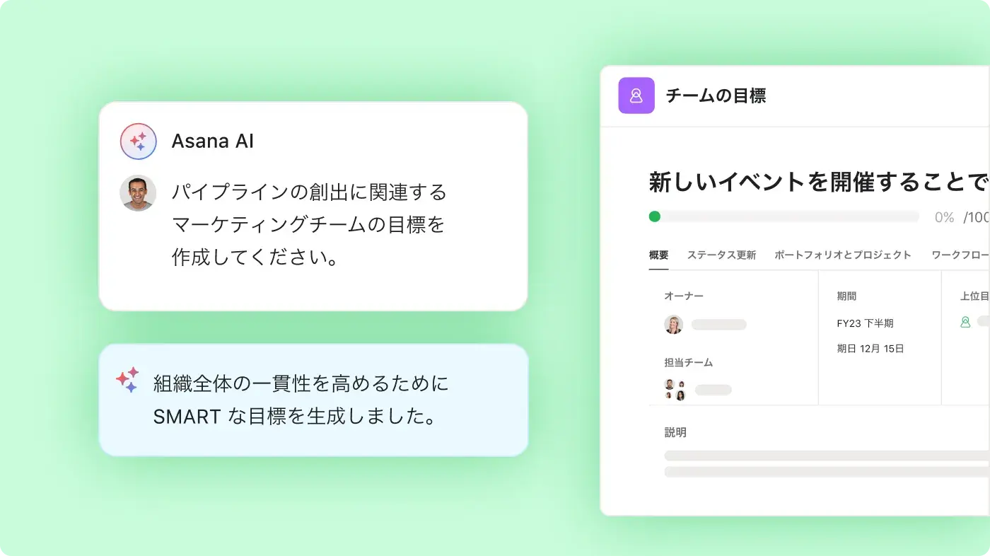 チーム目標に取り組んでいる社員の集まり: 抽象化された Asana 製品 UI