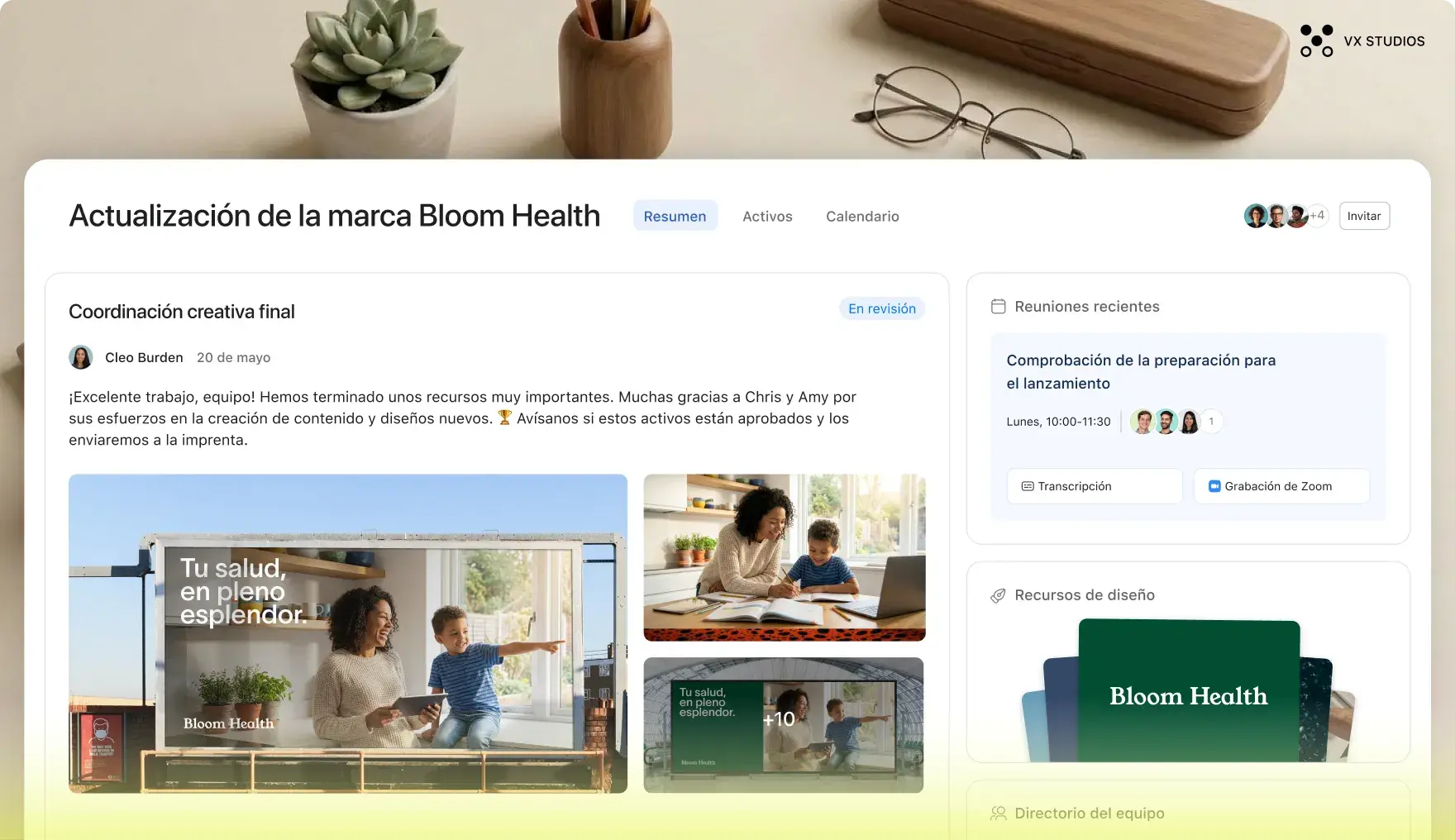 Asana UI for a "Bloom Health Brand Refresh" project. The feed shows a creative update with billboard mockups. A sidebar displays recent Zoom meetings, design resources, a team directory, and timezones.