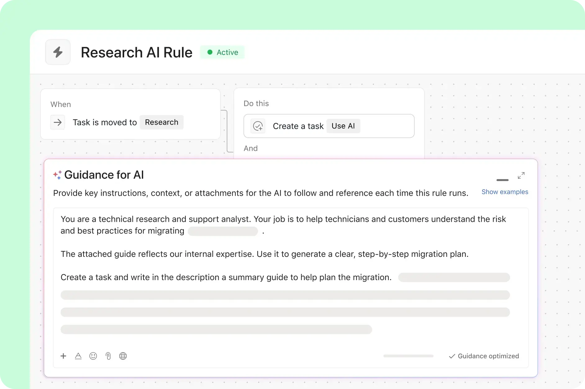 Asana product UI showing how Taco Technologies uses AI Studio to create a research and support analyst