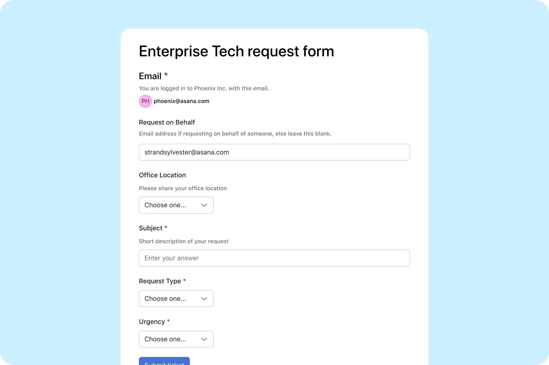 Asana product UI showing an Asana form set up for enterprise tech request tracking