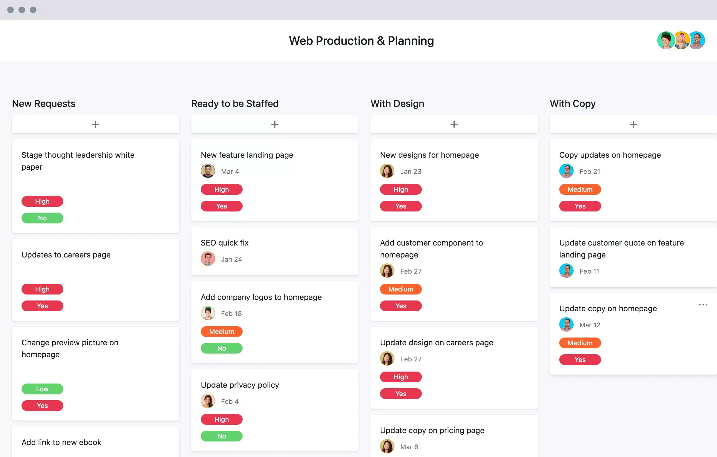[Old product ui] Web production process template, Kanban style project view in Asana (Boards)