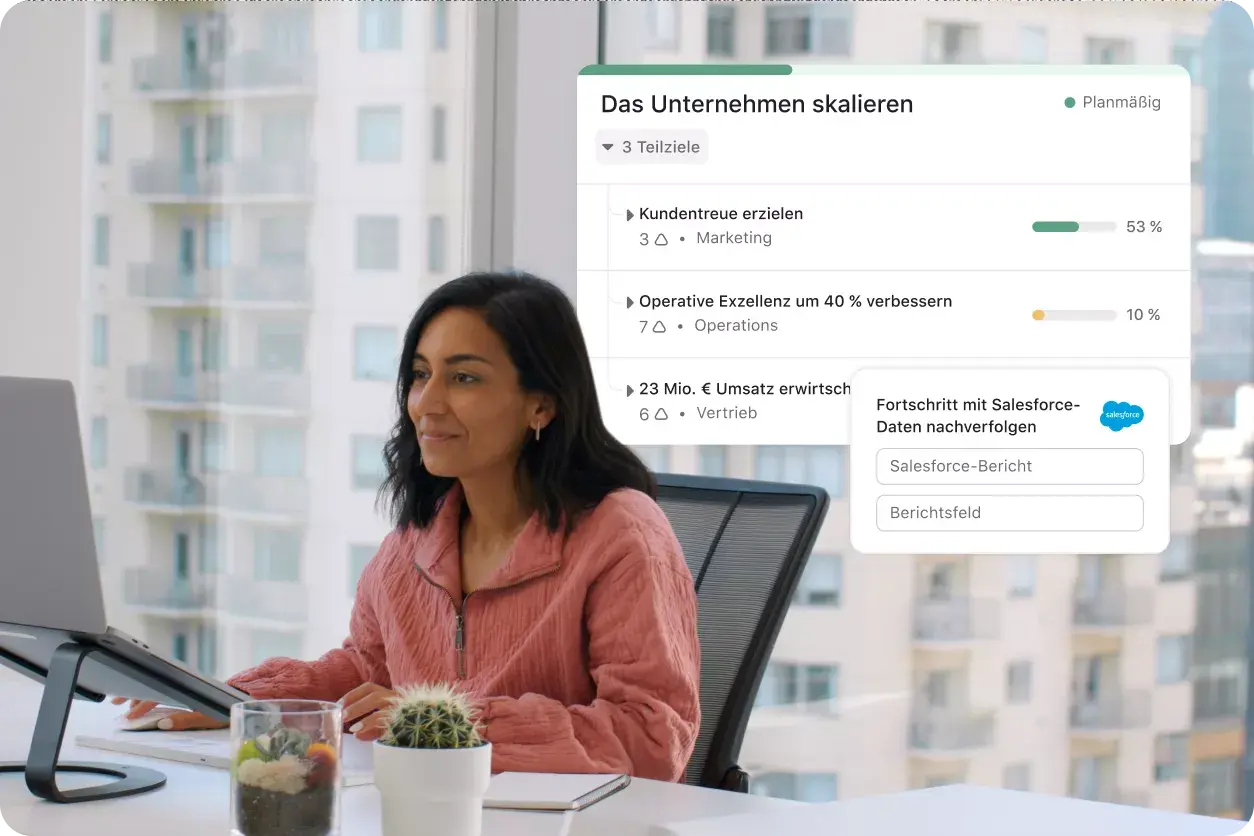 Bild der Nachverfolgung von Zielen in der Asana-Produkt-UI, überlagert mit dem Lifestyle-Bild eines Büroangestellten