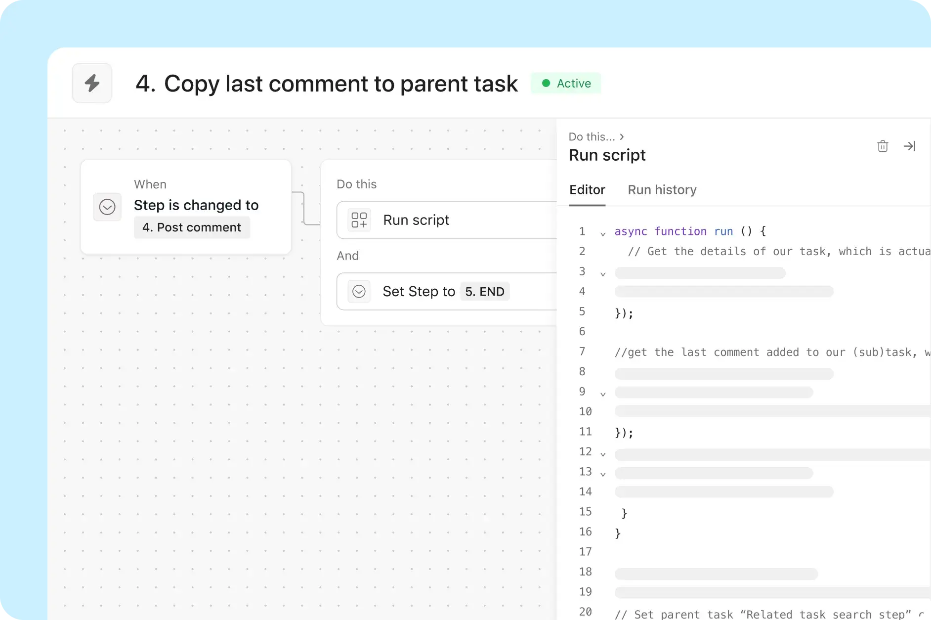 UI showing the fourt step in the Asana procurement team's workflow using Asana AI to search for relevant historical tasks