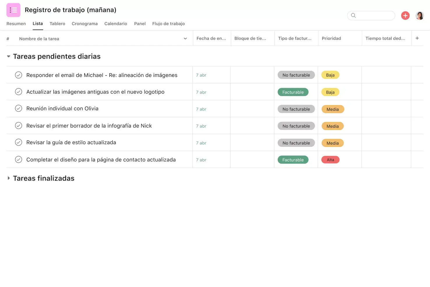 [Interfaz de usuario del producto] Plantilla de registro de trabajo no finalizado en Asana (vista de lista)