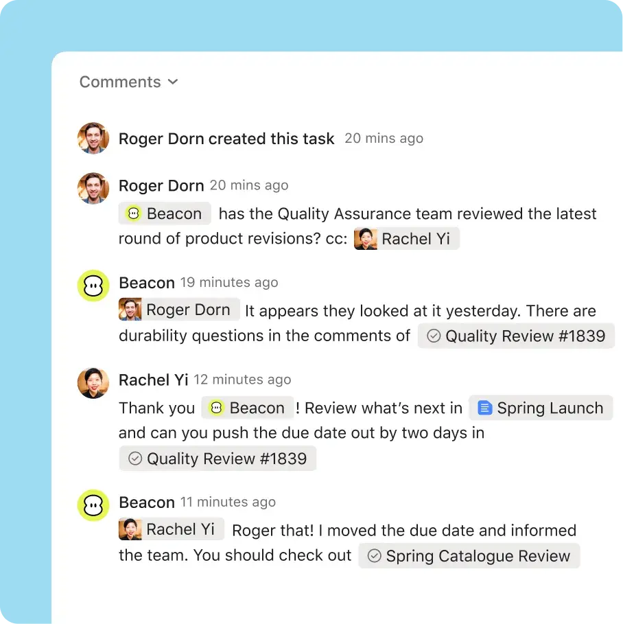 Asana task comments showing a conversation between teammates and Beacon AI, which retrieves task details and updates a due date autonomously