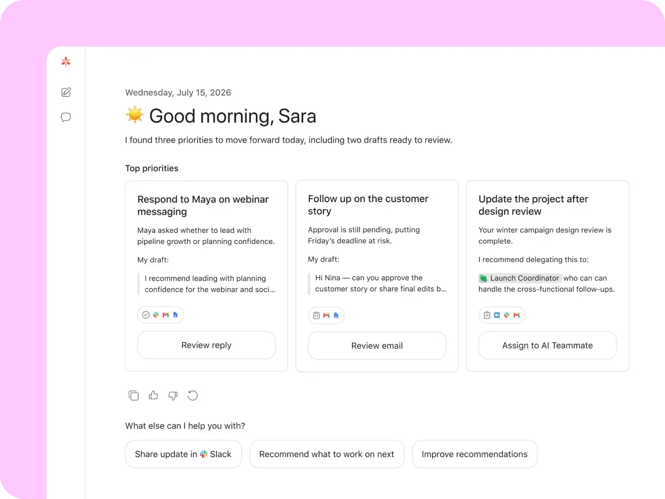Asana Dash AI-generated morning brief summarising daily tasks and next steps
