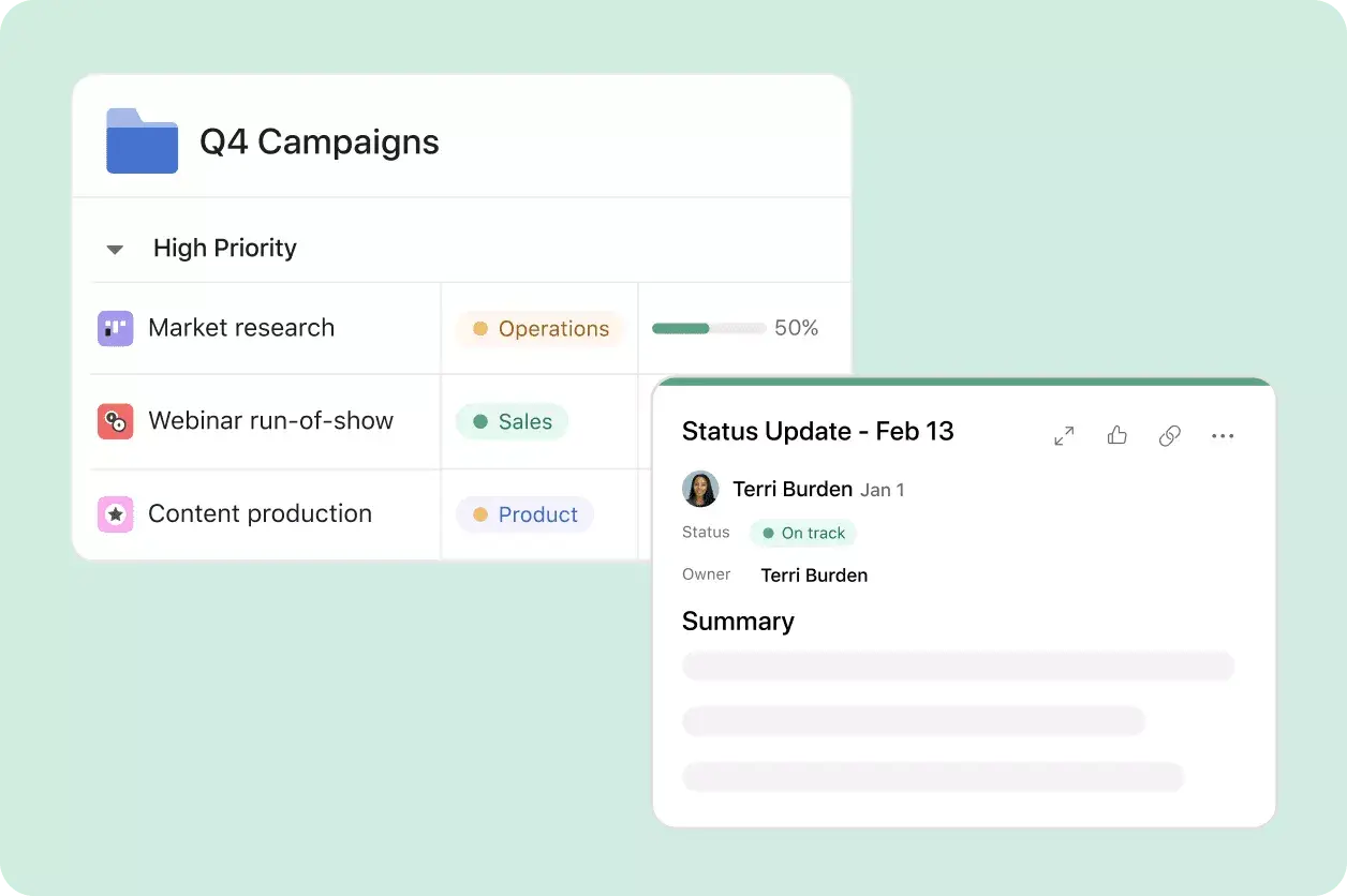 Asana on Asana campaign management inline image product UI status update