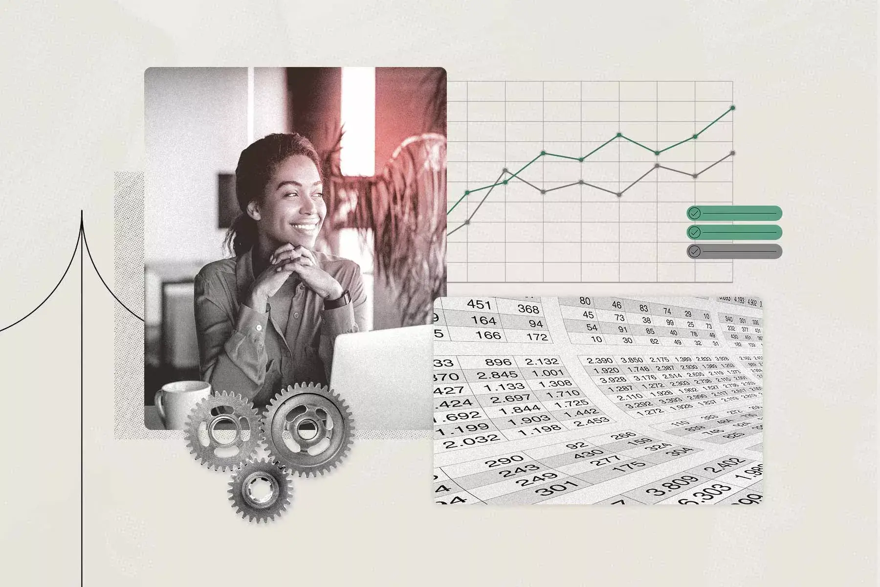 Banner image for an article on automating repetitive tasks. Features a woman in an office setting, a spreadsheet, and a graph showing an uptick.