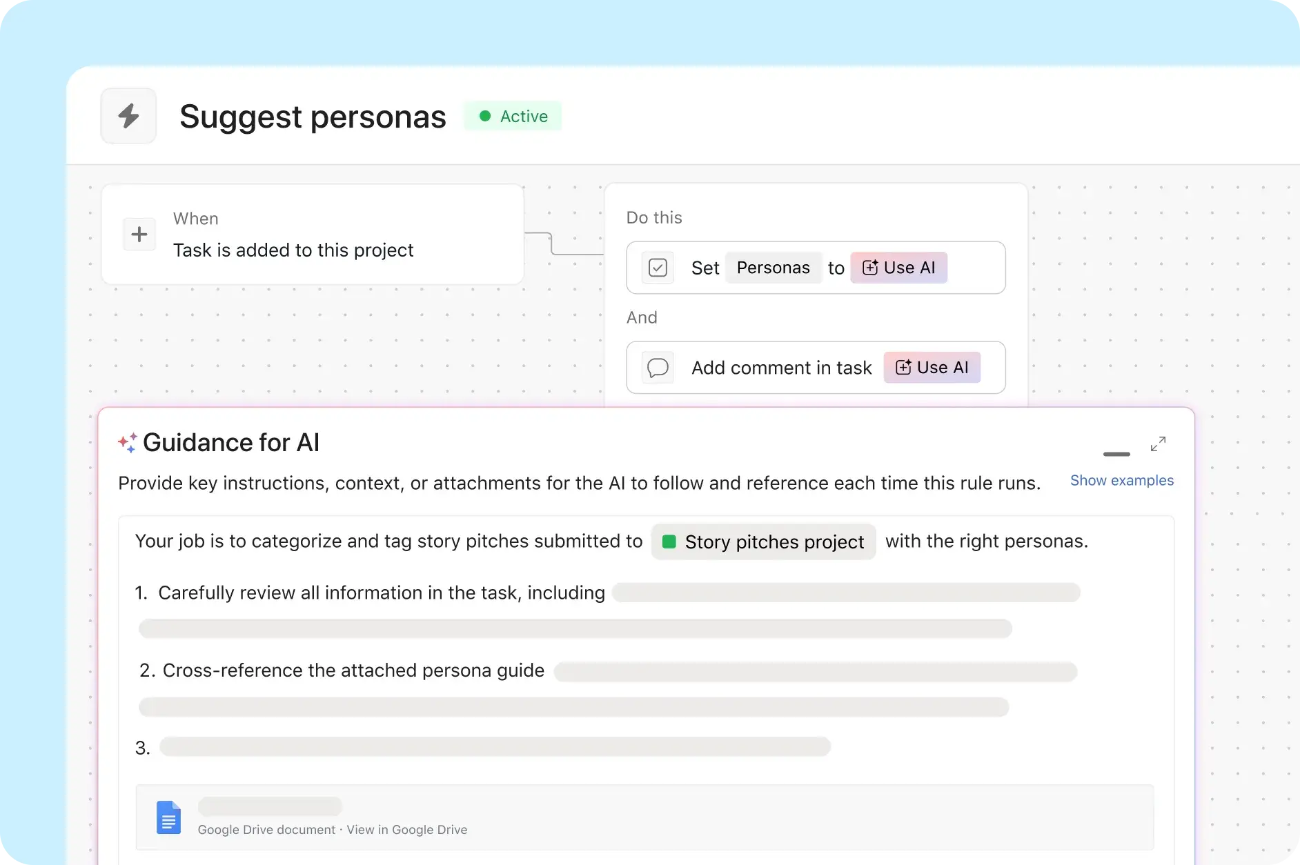 Asana product UI image showing how an AI Studio rule suggests personas for each story pitch in a content production process