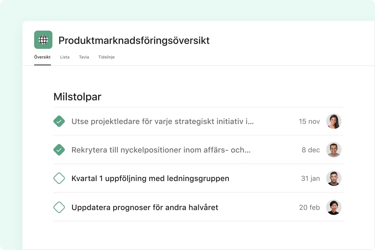 spåra projektmilstolpar i asana