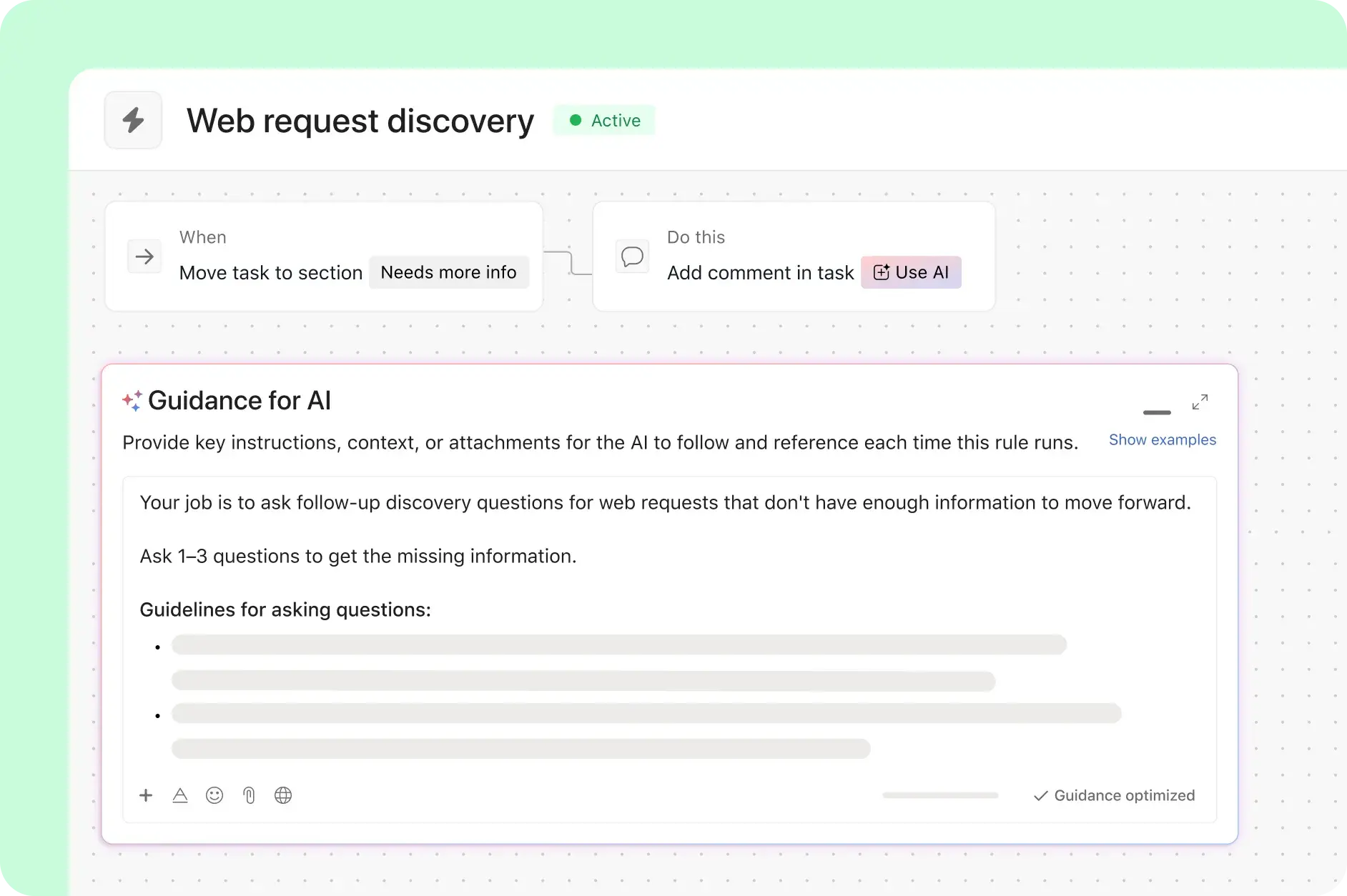 Asana product UI showing how AI Studio asks follow-up questions when requests are incomplete