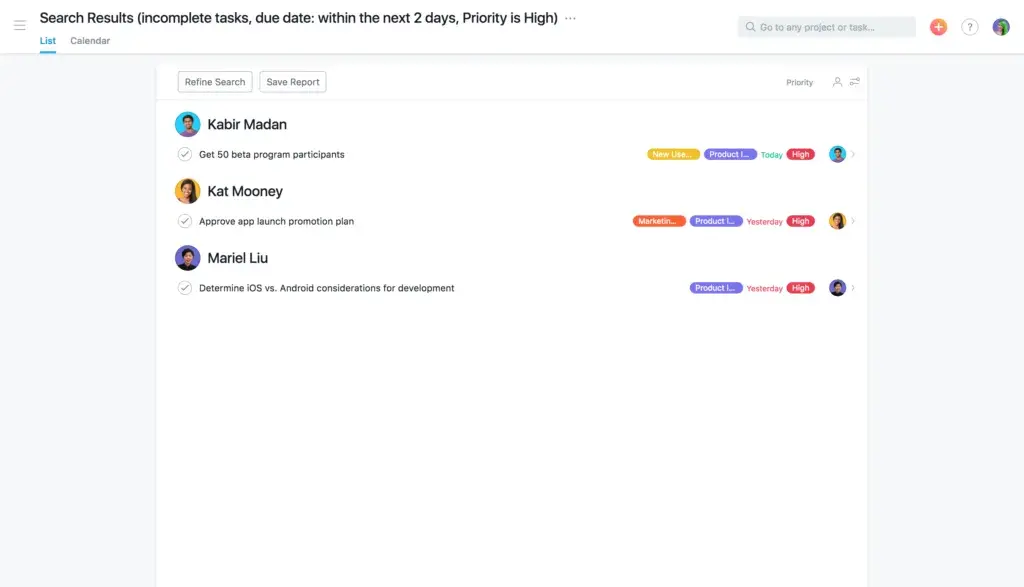 Asana advanced search by priority tasks due in two days by assignee