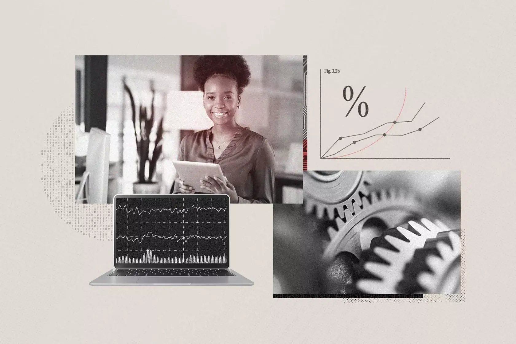 Image for a blog post on need-to-know AI operations statistics. Features a woman in a business setting, a laptop, and a graph showing data tracking upward