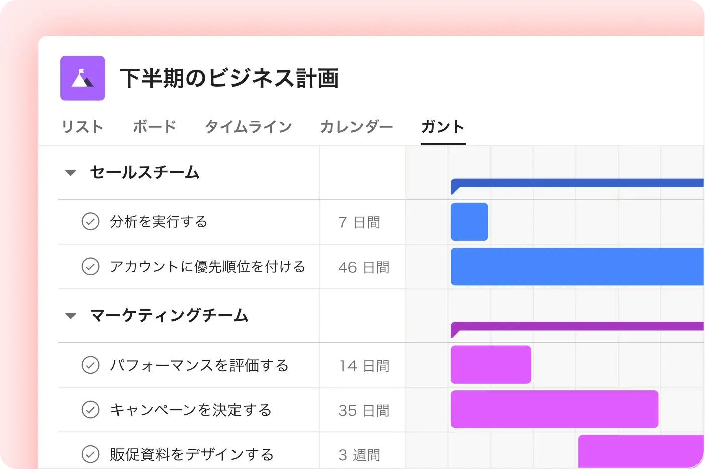 Asana のガントビューの製品 UI 