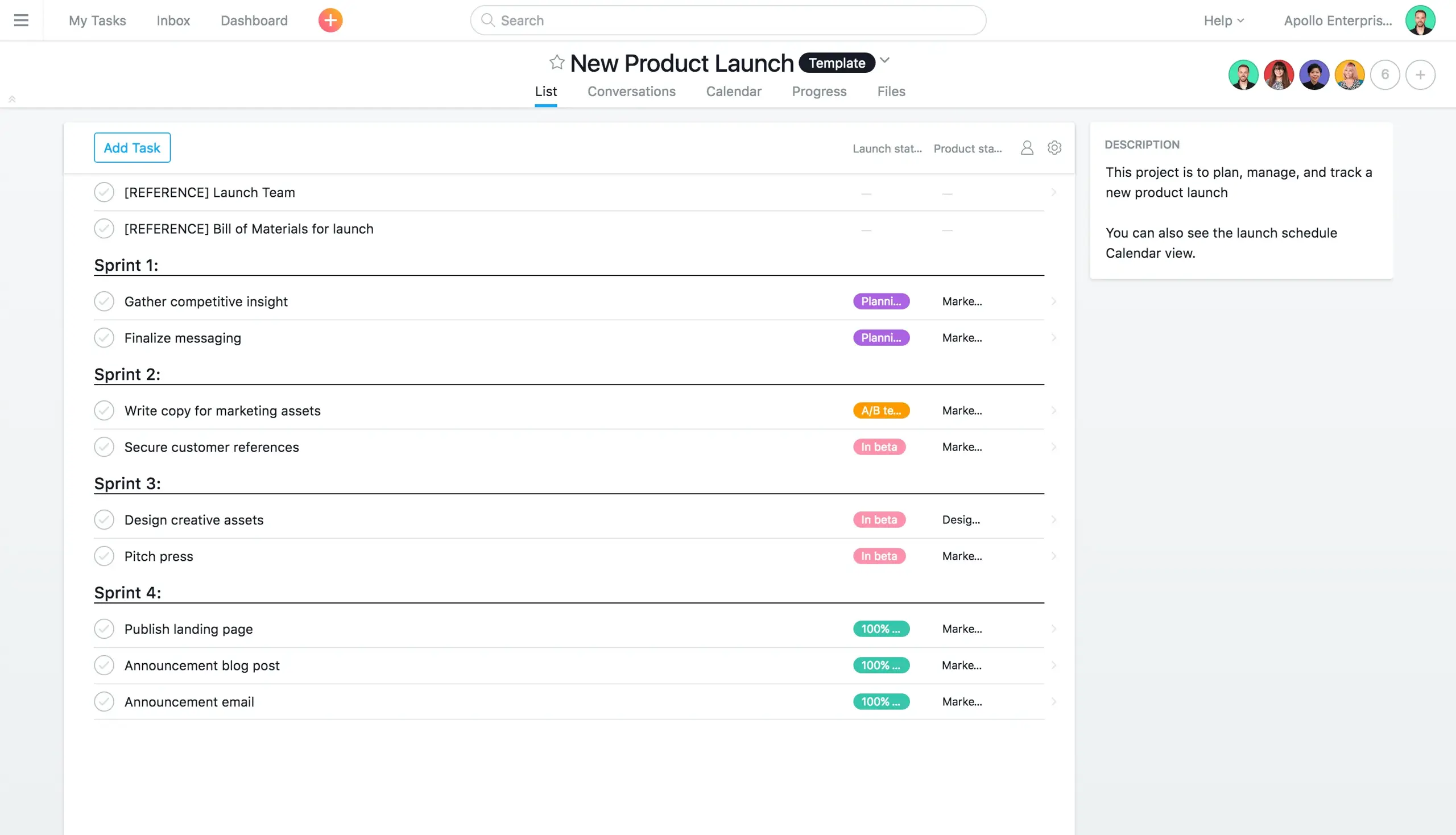 Product UI: New product launch lists in Asana