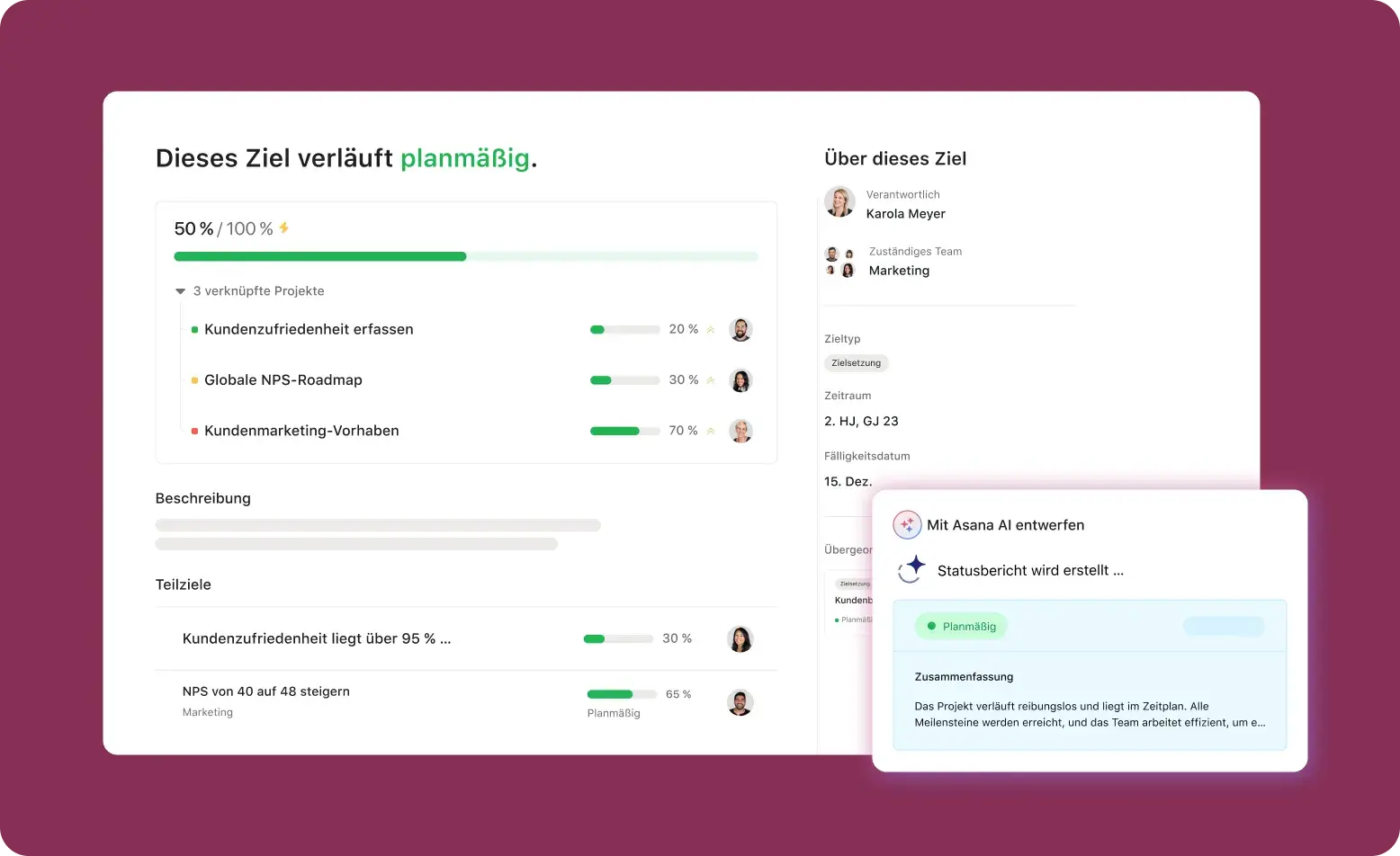 Die Oberfläche „Dieses Ziel verläuft planmäßig“ zeigt, wie Asana AI einen Statusbericht erstellt.