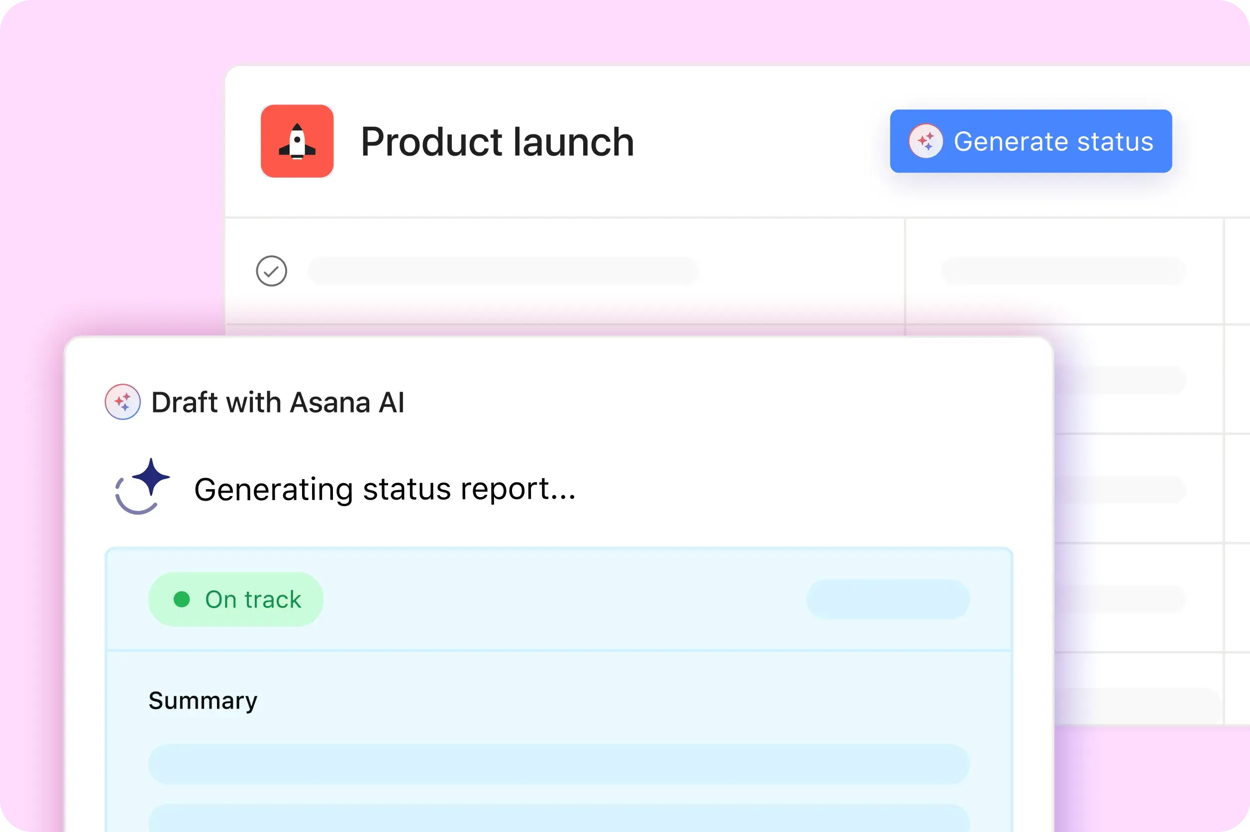 Product UI image showing how Asana's product marketing team uses Asana's AI features to report on metrics related to product launches. 