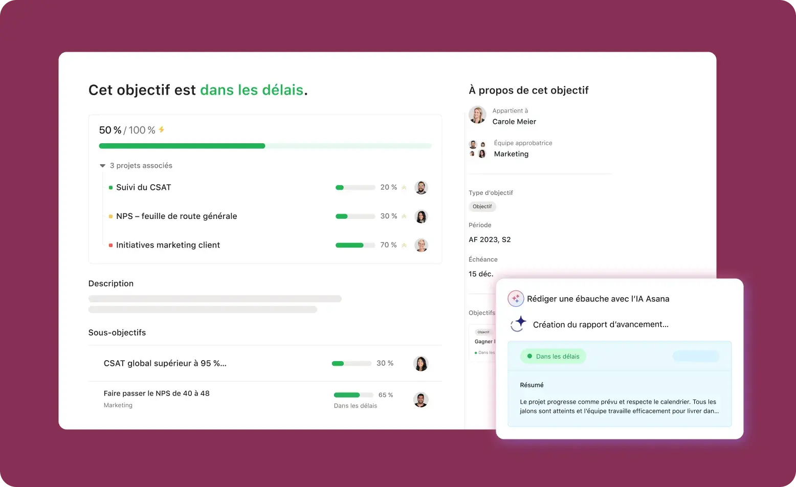 L’interface « Cet objectif est dans les délais » montre l’IA Asana en train de générer un rapport de statut.