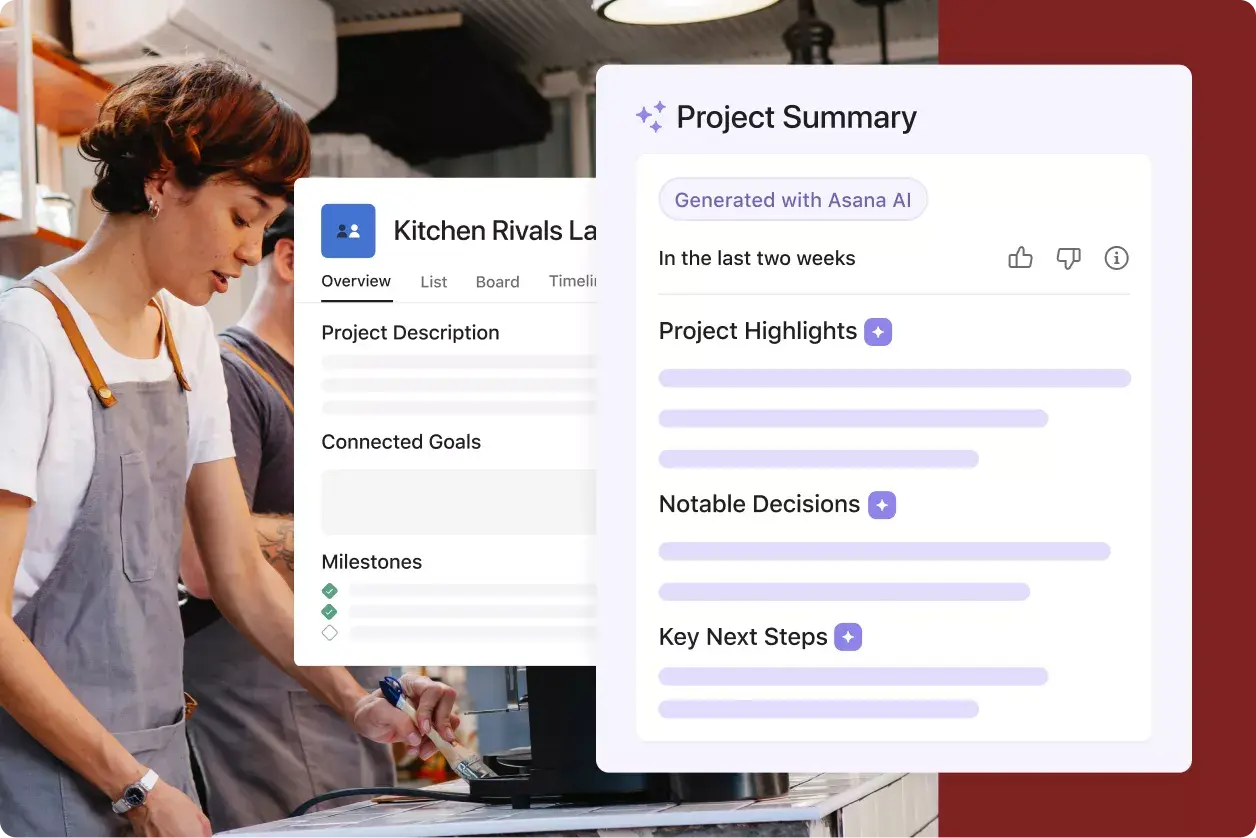 Kitchen Rivals launch project summary: Asana abstracted product UI