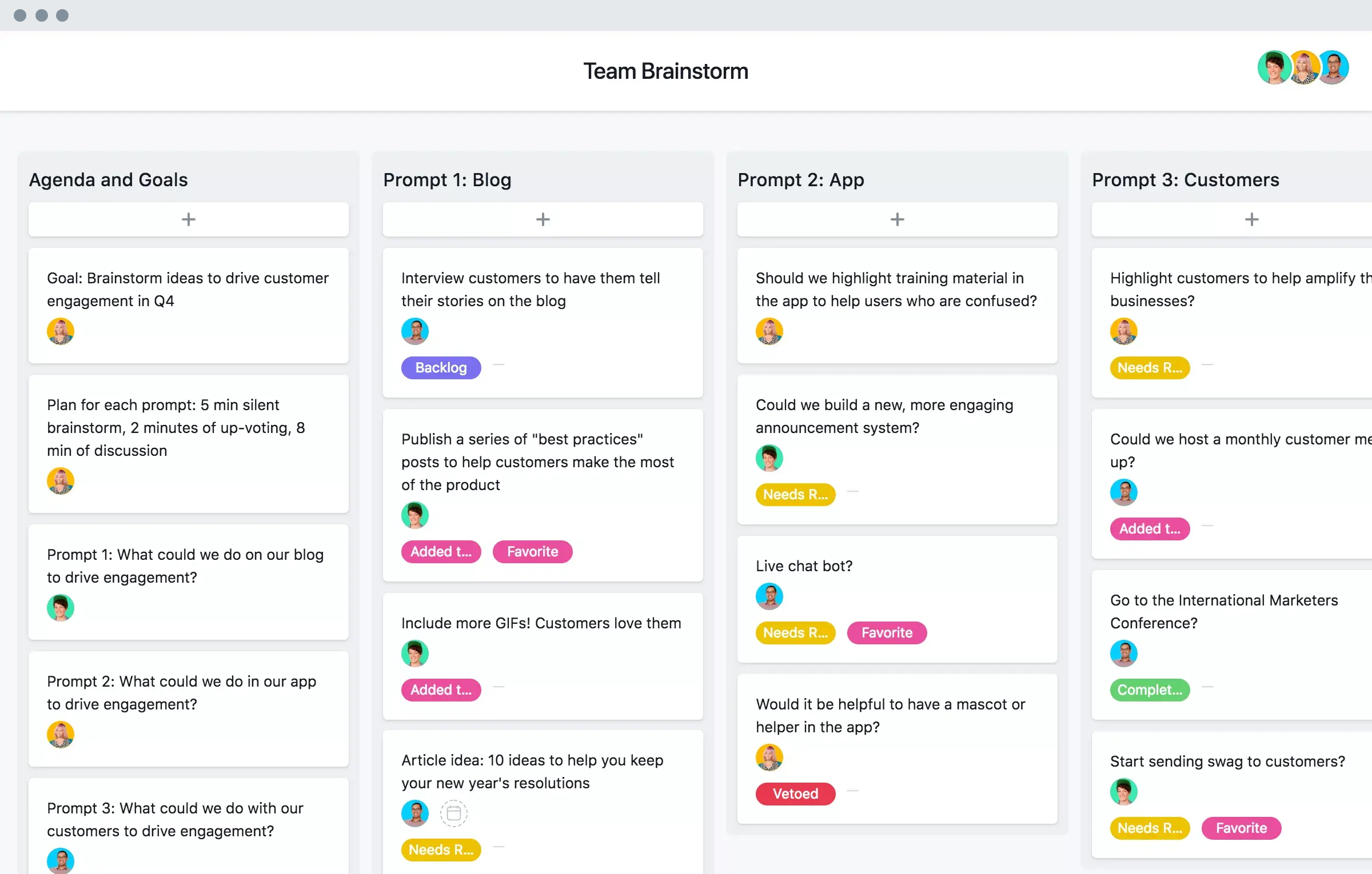 [Interface de produto antiga] Modelo de debate de ideias em uma equipe multidisciplinar na Asana, com visualização de projeto no estilo quadro Kanban (layout de quadros)