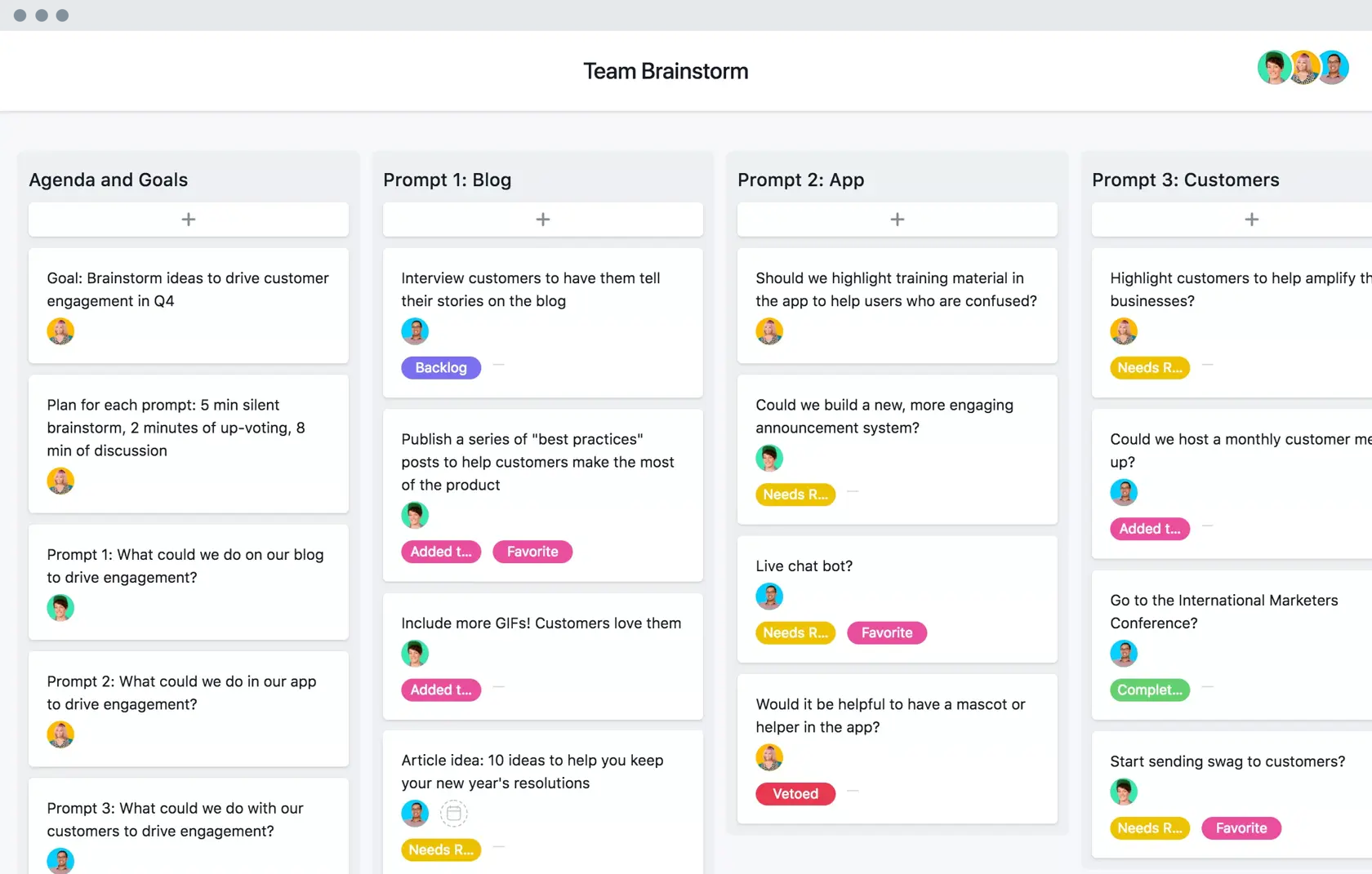 [Alte Produkt-UI] Vorlage für ein funktionsübergreifendes Team-Brainstorming in Asana, Projektansicht im Kanban-Board-Format (Boards)