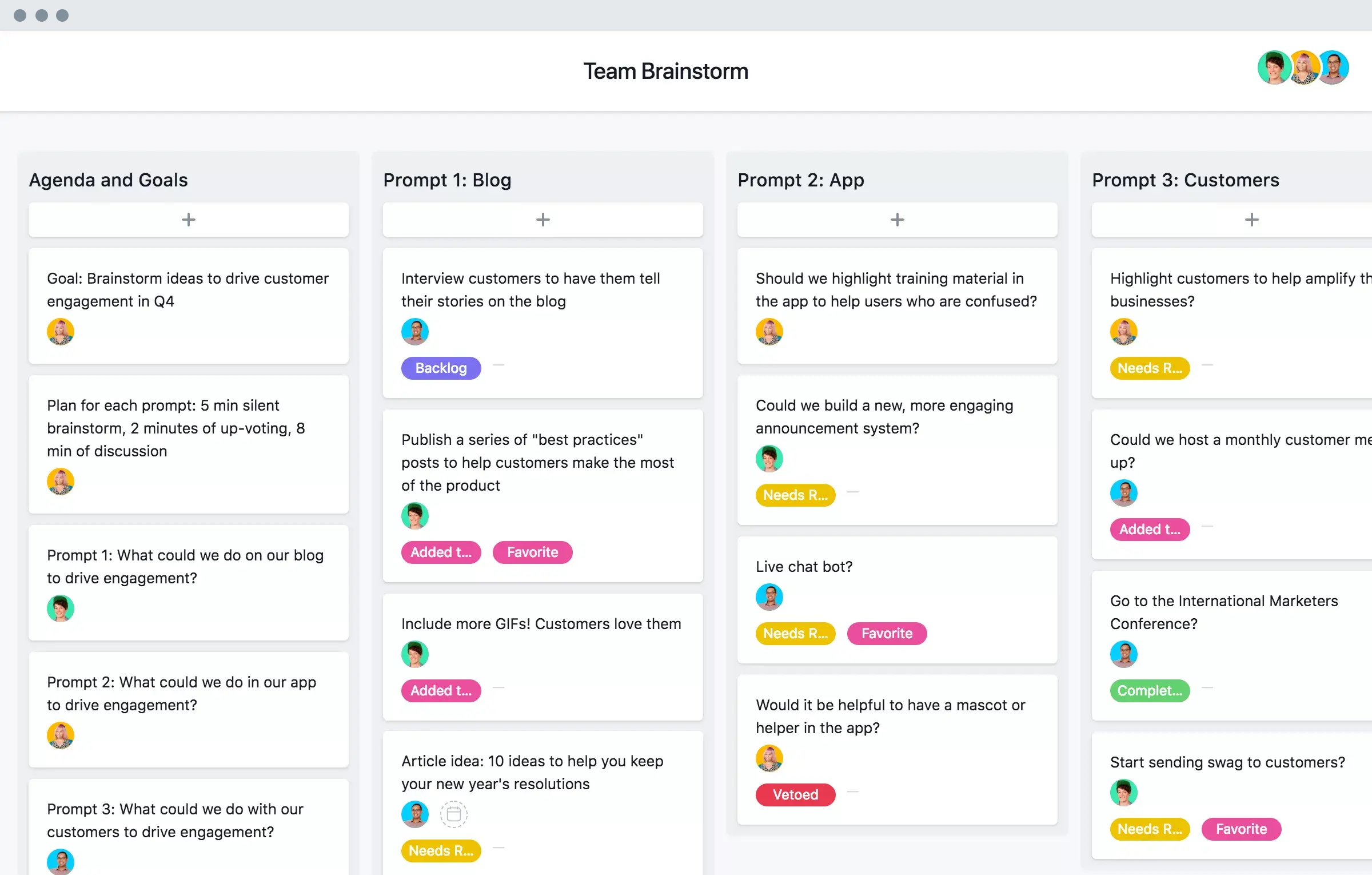 [Alte Produkt-UI] Vorlage für ein funktionsübergreifendes Team-Brainstorming in Asana, Projektansicht im Kanban-Board-Format (Boards)