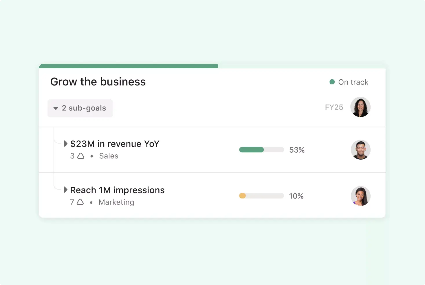 A version of the Asana product demonstrating the goal and sub goal features