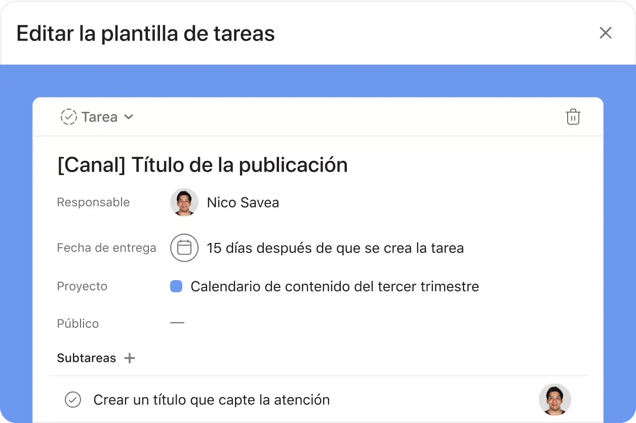 Interfaz de usuario del producto para editar la plantilla de tareas de Asana