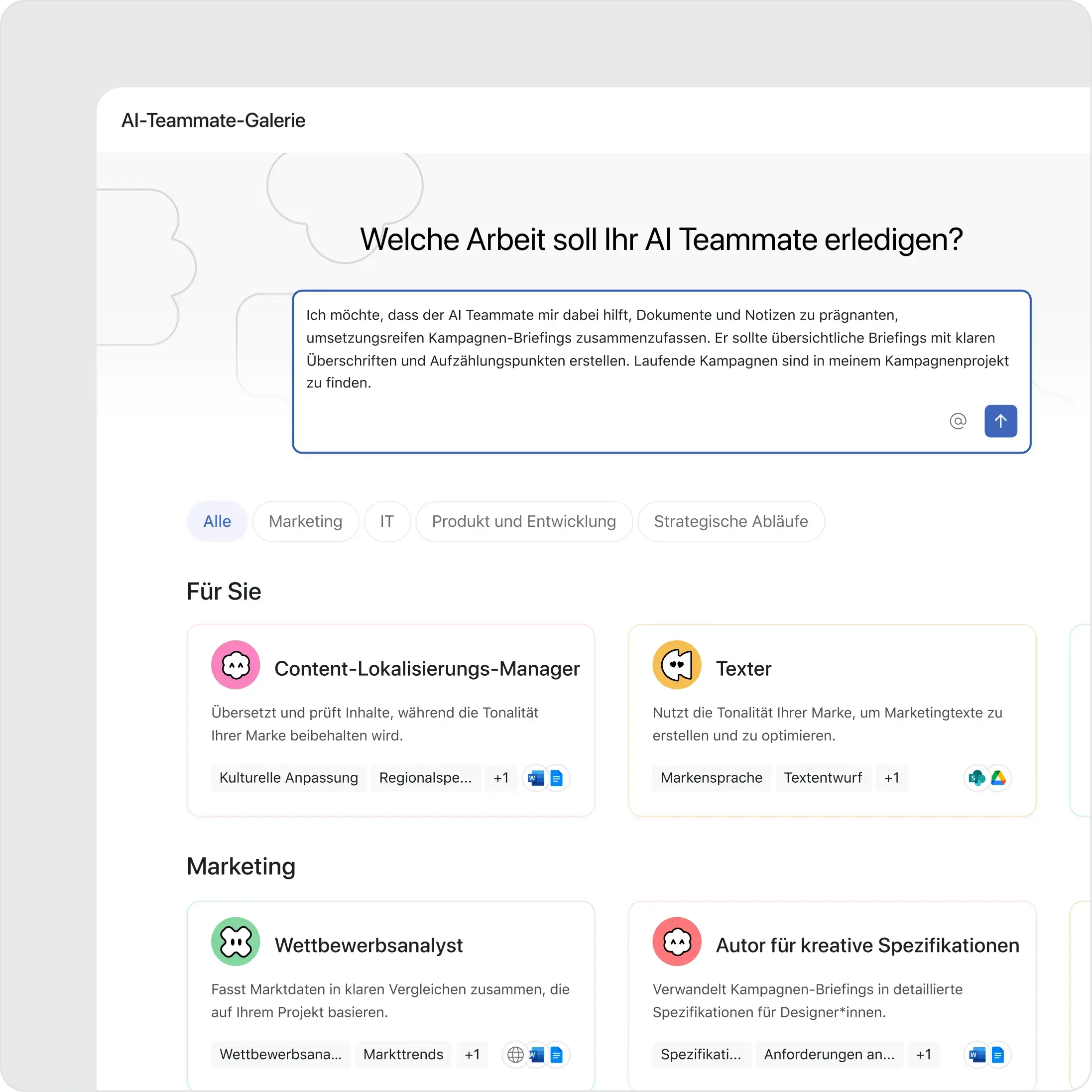 Benutzeroberfläche der Asana-AI-Teammate-Galerie, in der gefragt wird: „Welche Arbeit soll Ihr AI Teammate erledigen?“. Darunter befinden sich KI-Rollenkarten wie „Manager für Content-Lokalisierung“, „Texter“ und „Wettbewerbsanalyst“.