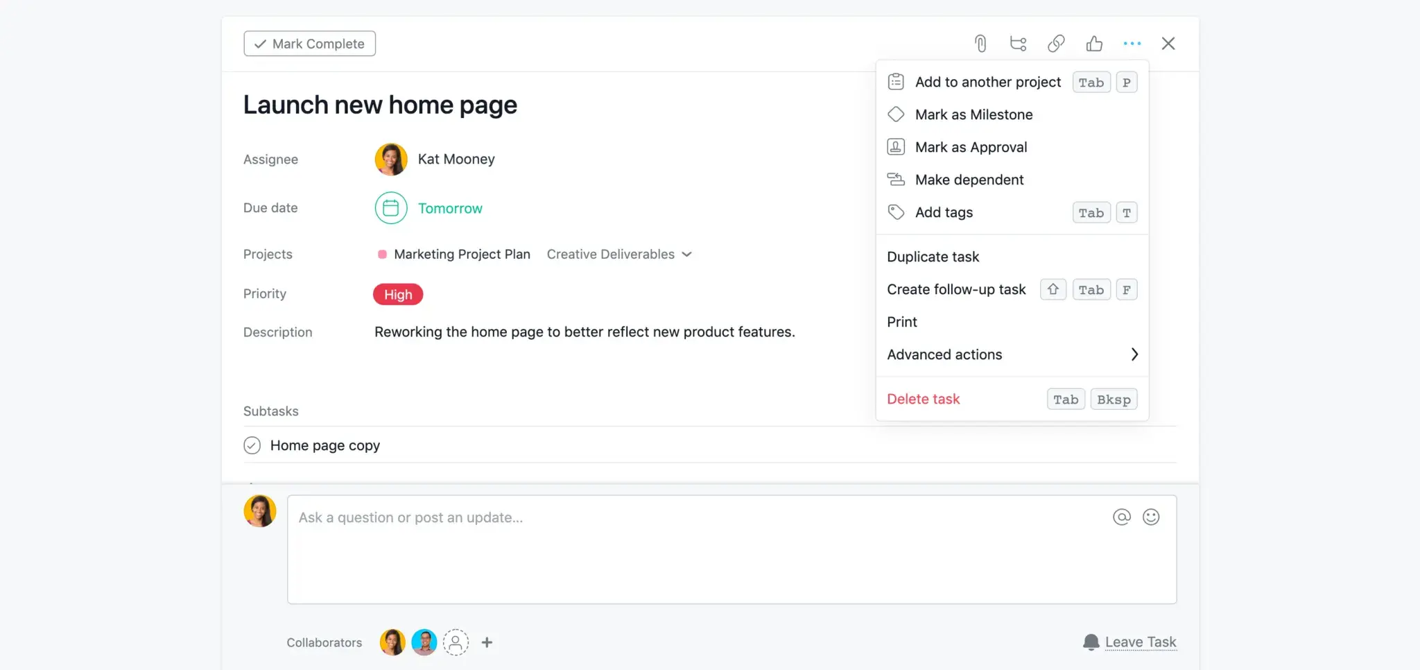 Product UI: Tasks in Asana